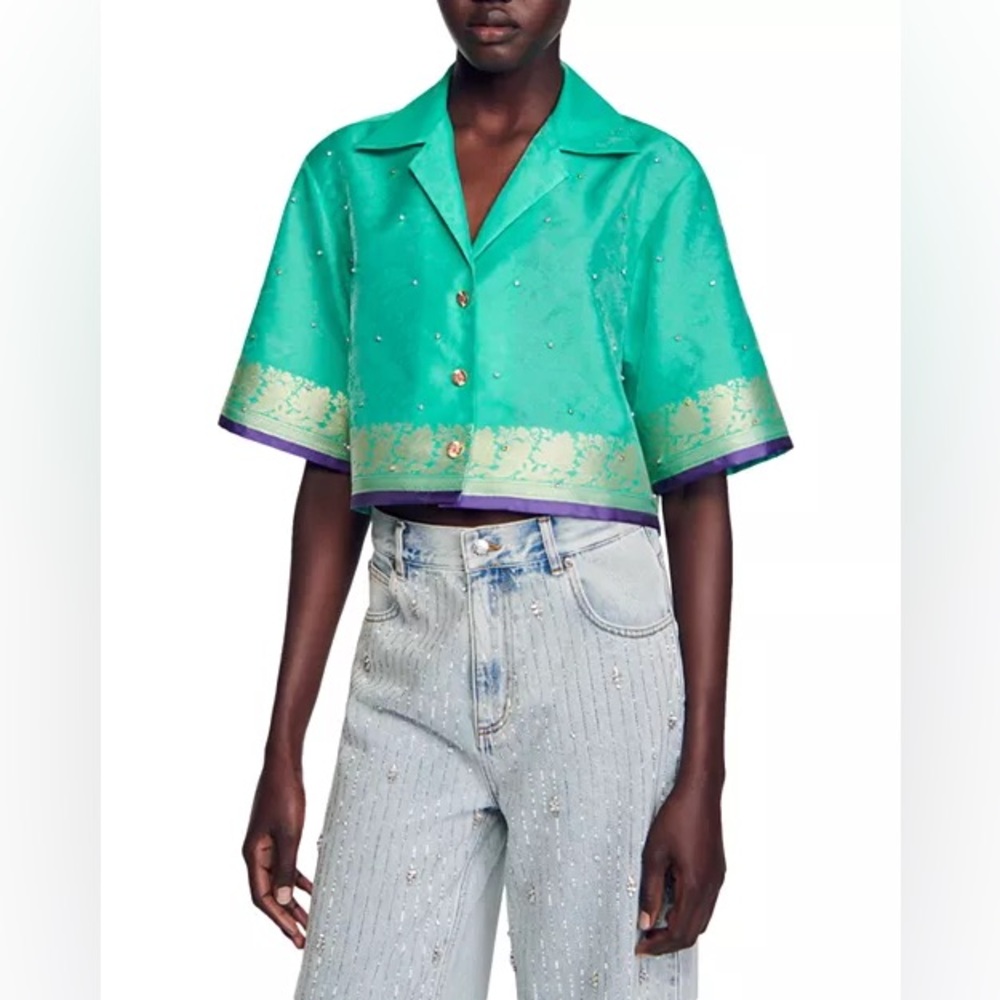 Sandro Turquoise Cropped Boxy Shirt with Gold Trim